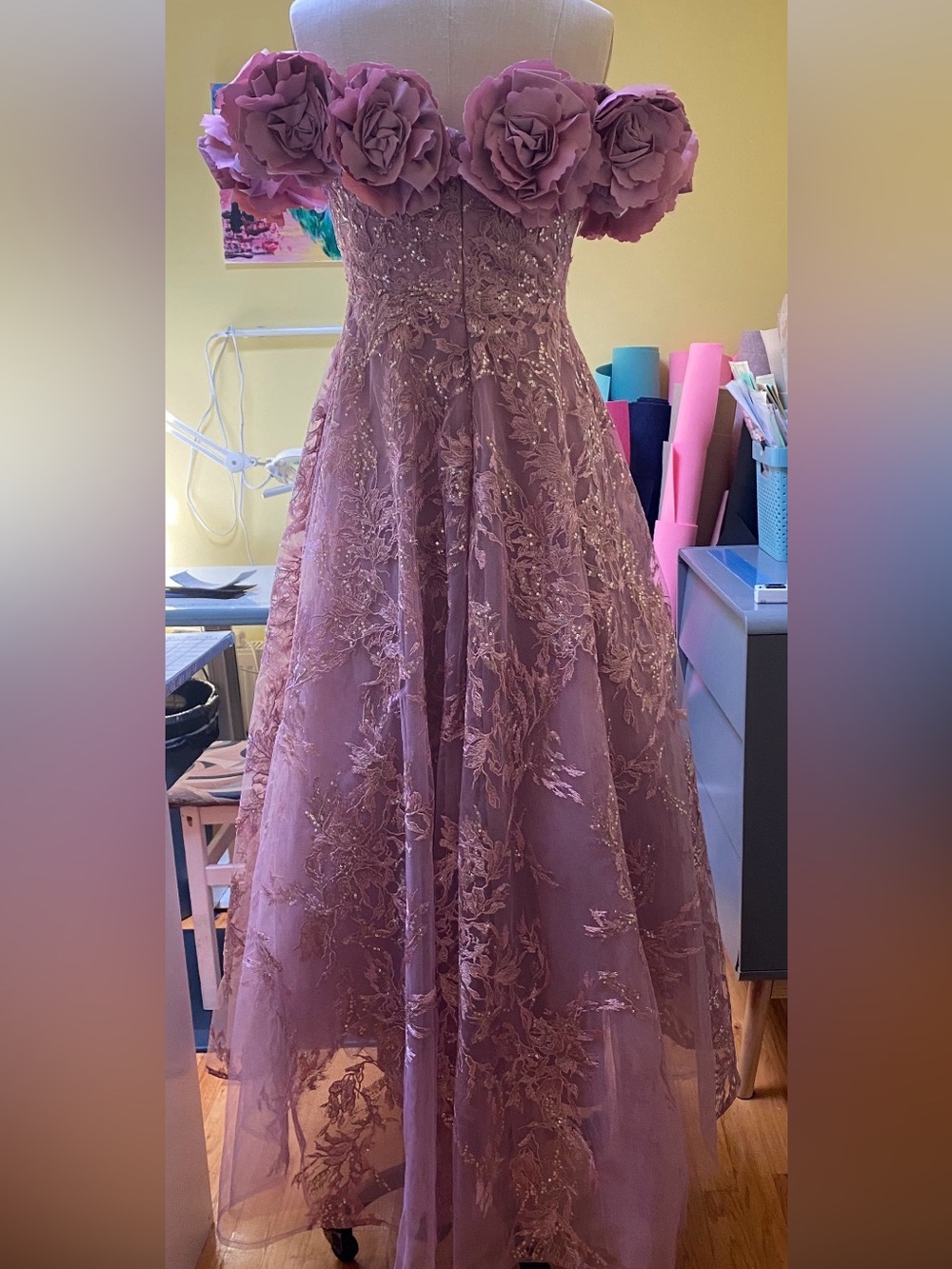 Mac Duggal Off-Shoulder Dusty Mauve Floral Appliqué Maxi Dress